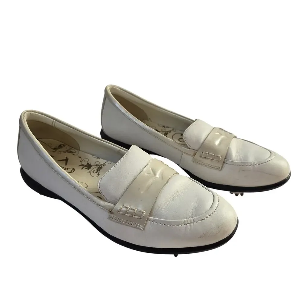 Callaway Couture Women’s Moc Shoes Loafers Ivory with Tan Trim Spiked Sole 8